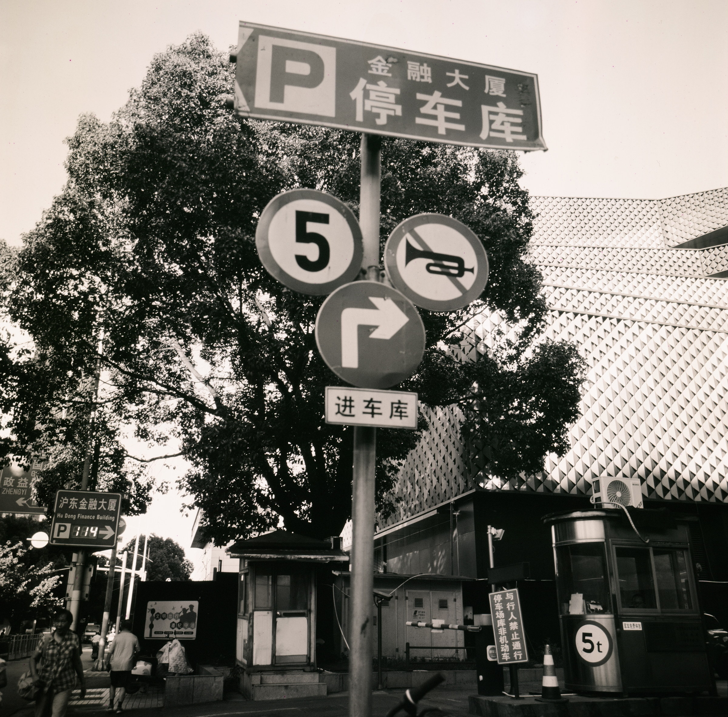 黑白画面里，停车与转向标志叠在树木和建筑之前。